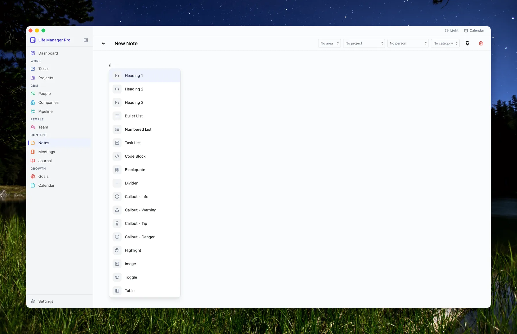 Notes editor — slash block commands